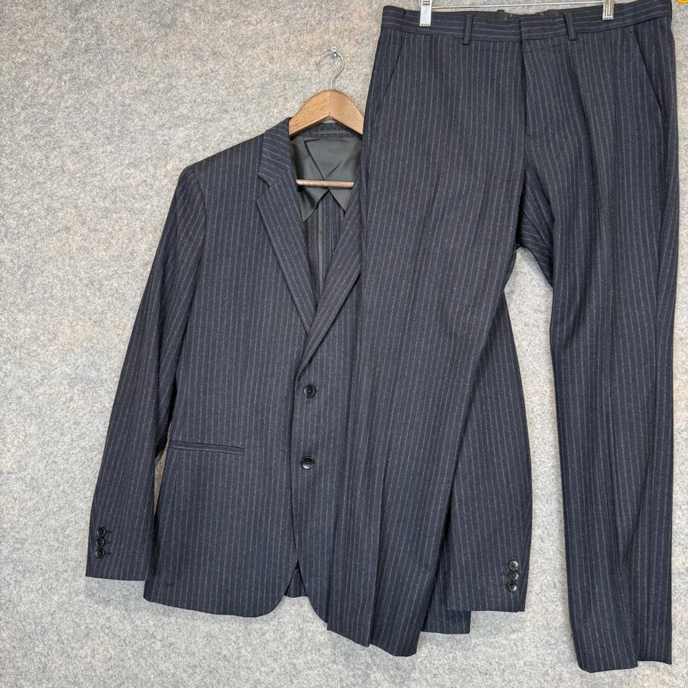 Theory Pinstripe Blazer Jacket Pants Set Mens 40 34x39 Dark Navy Wool Blend Reg